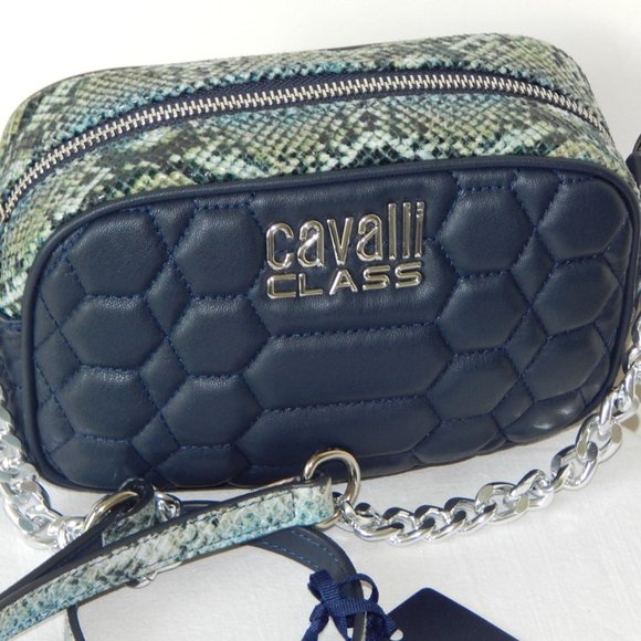 NWT CAVALLI CLASS Chain Link Python Print Top Dark Blue Small Cross-body Bag - Picture 2 of 13
